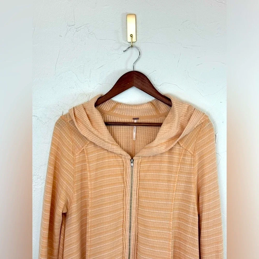 FREE PEOPLE Orange Boho Hooded Jacket Relaxed Waffle Knit Full Zip Women's Large